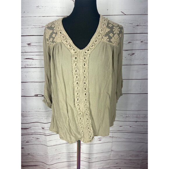 New Direction Tan Boho-Style V-Neck Blouse With Lace Details & 3/4 Sleeves For W - Picture 2 of 8